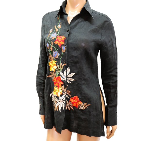 Classic Button Down Black Linen Shirt With Embroidery S-M - Picture 3 of 6